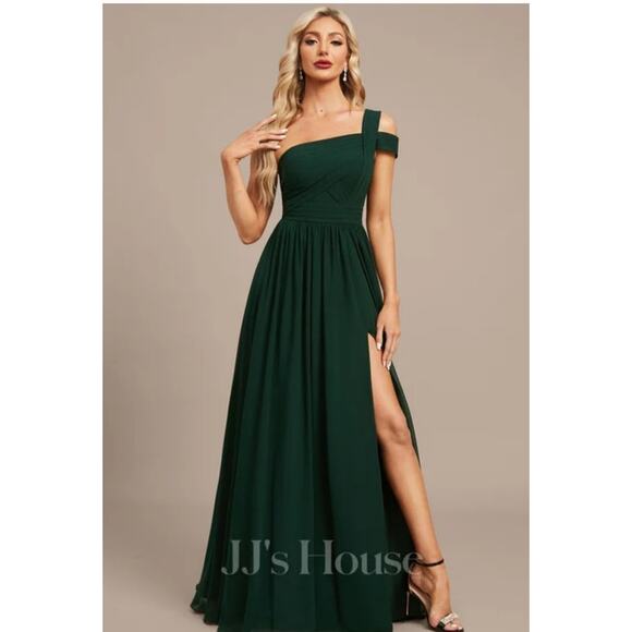 JJ's House NWT Dark Forest Green One Shoulder High Slit Floor Length Gown Sz 14 - Picture 2 of 12